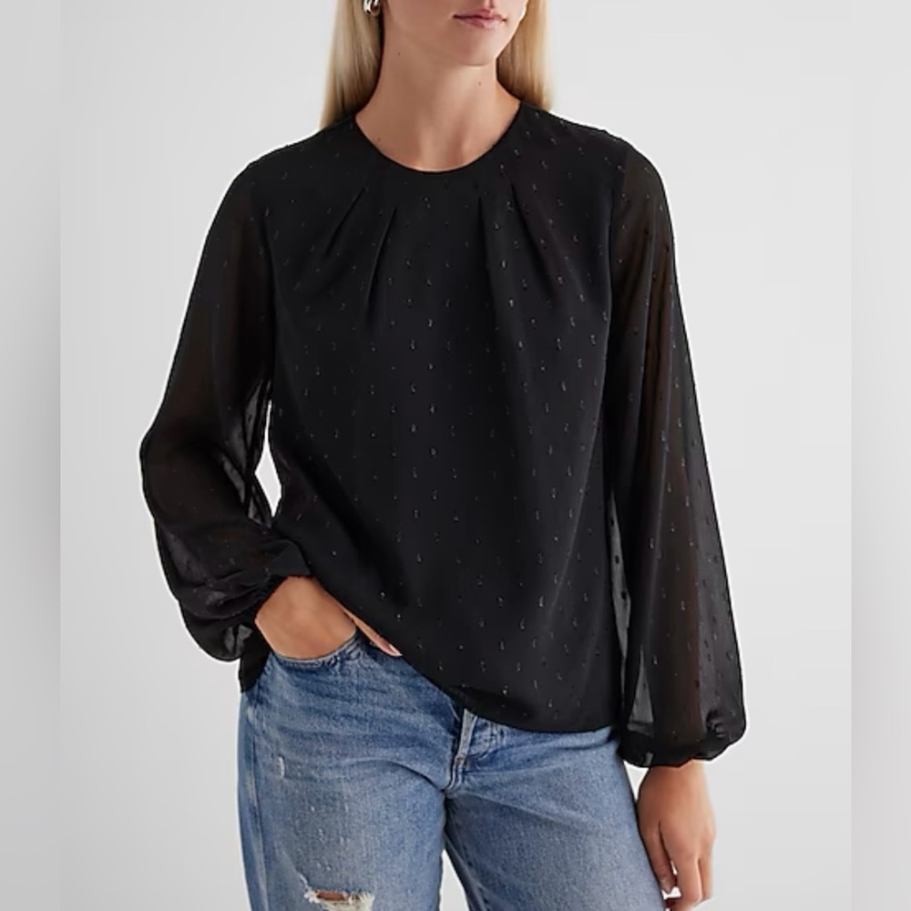 Express Women's Long Sleeves Top Size XS Metallic Dot Gathered Crew Neck NWT $58